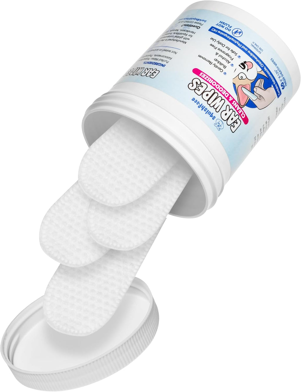 Squishface 60 count ear wipes packaging for pet grooming