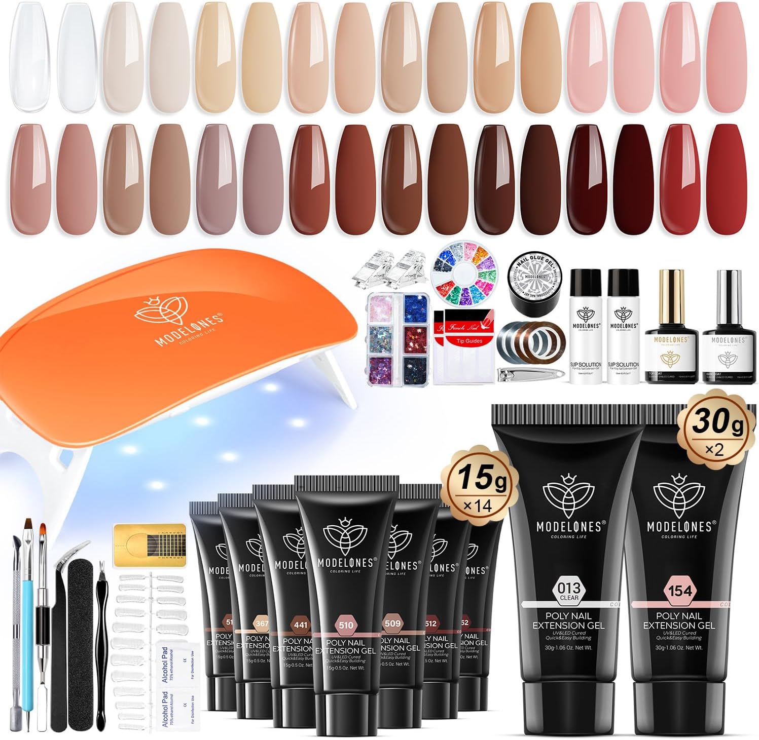 Modelones 16 Colors Poly Nail Gel Kit with Nail Lamp front view