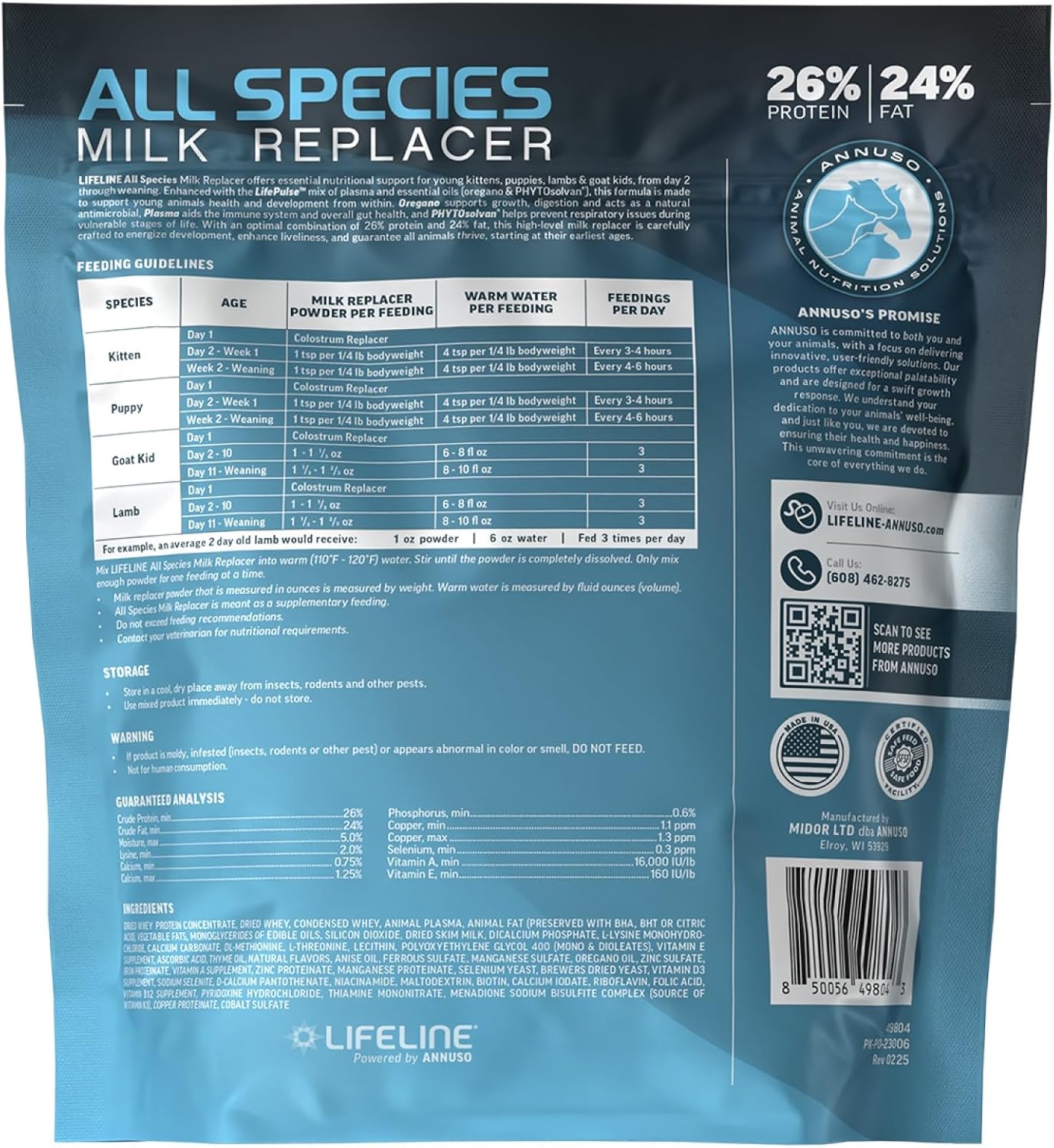 Annuso Lifeline milk replacer back panel showing ingredients and mixing instructions for puppies and kittens.