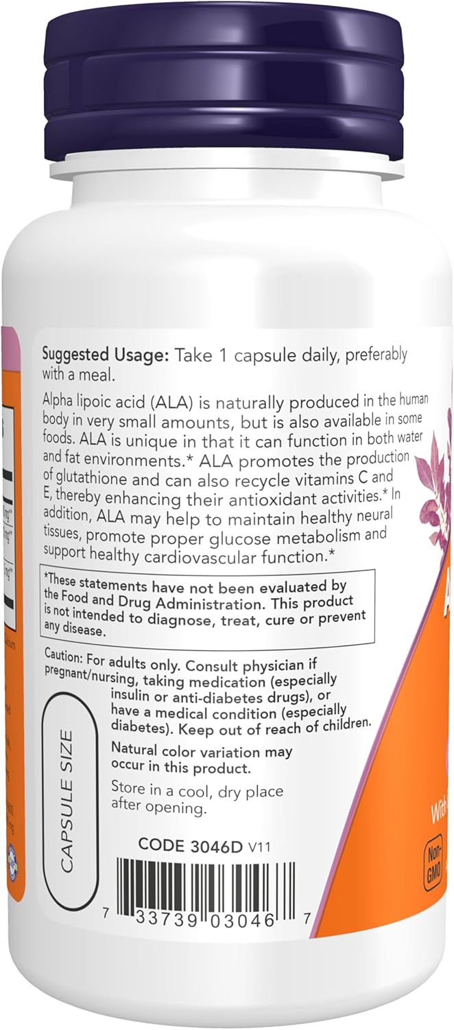 Supplement facts label on the back of NOW Foods Alpha Lipoic Acid showing 600mg dosage with Grape Seed Extract and BioPerine.