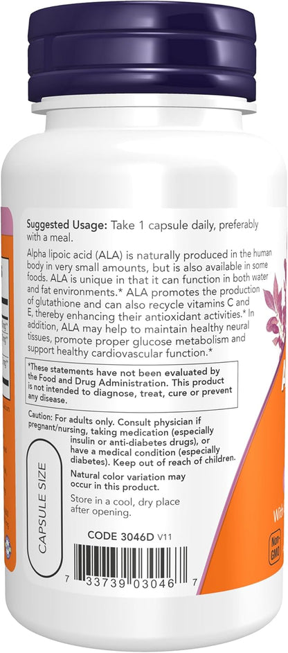 Supplement facts label on the back of NOW Foods Alpha Lipoic Acid showing 600mg dosage with Grape Seed Extract and BioPerine.