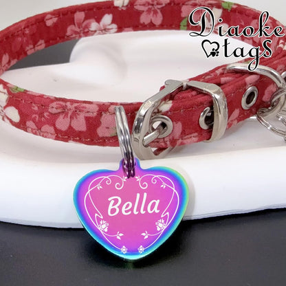 Handmade custom text pet tag showing four lines of deeply engraved emergency contact info.