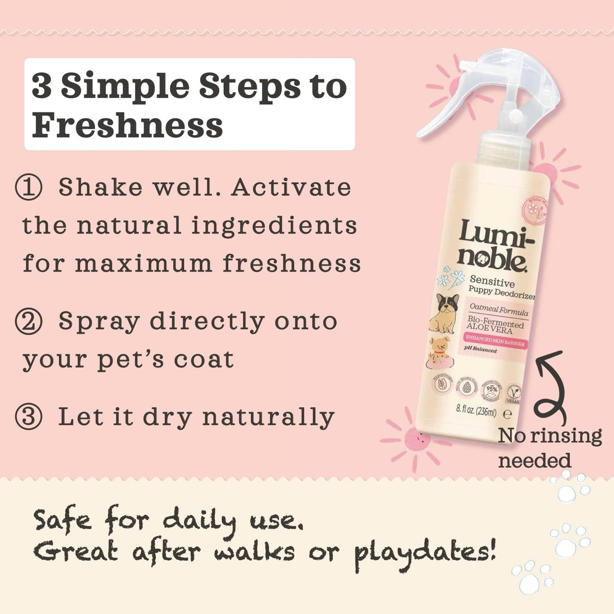 Lumi-Noble puppy grooming spray next to a grooming brush