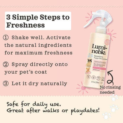 Lumi-Noble puppy grooming spray next to a grooming brush
