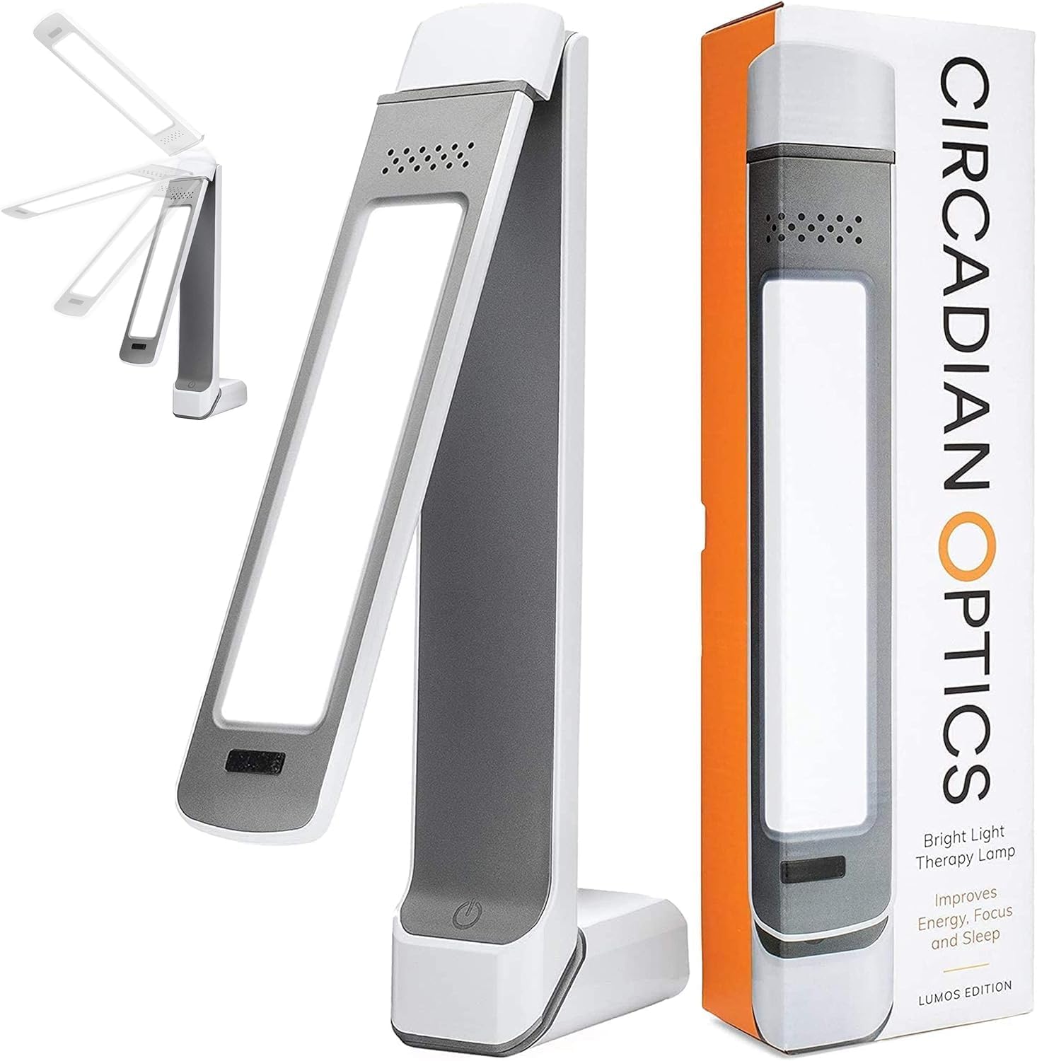 Circadian Optics Lumos 2.0 bright light therapy desk lamp front view showing the sleek white folding panel.