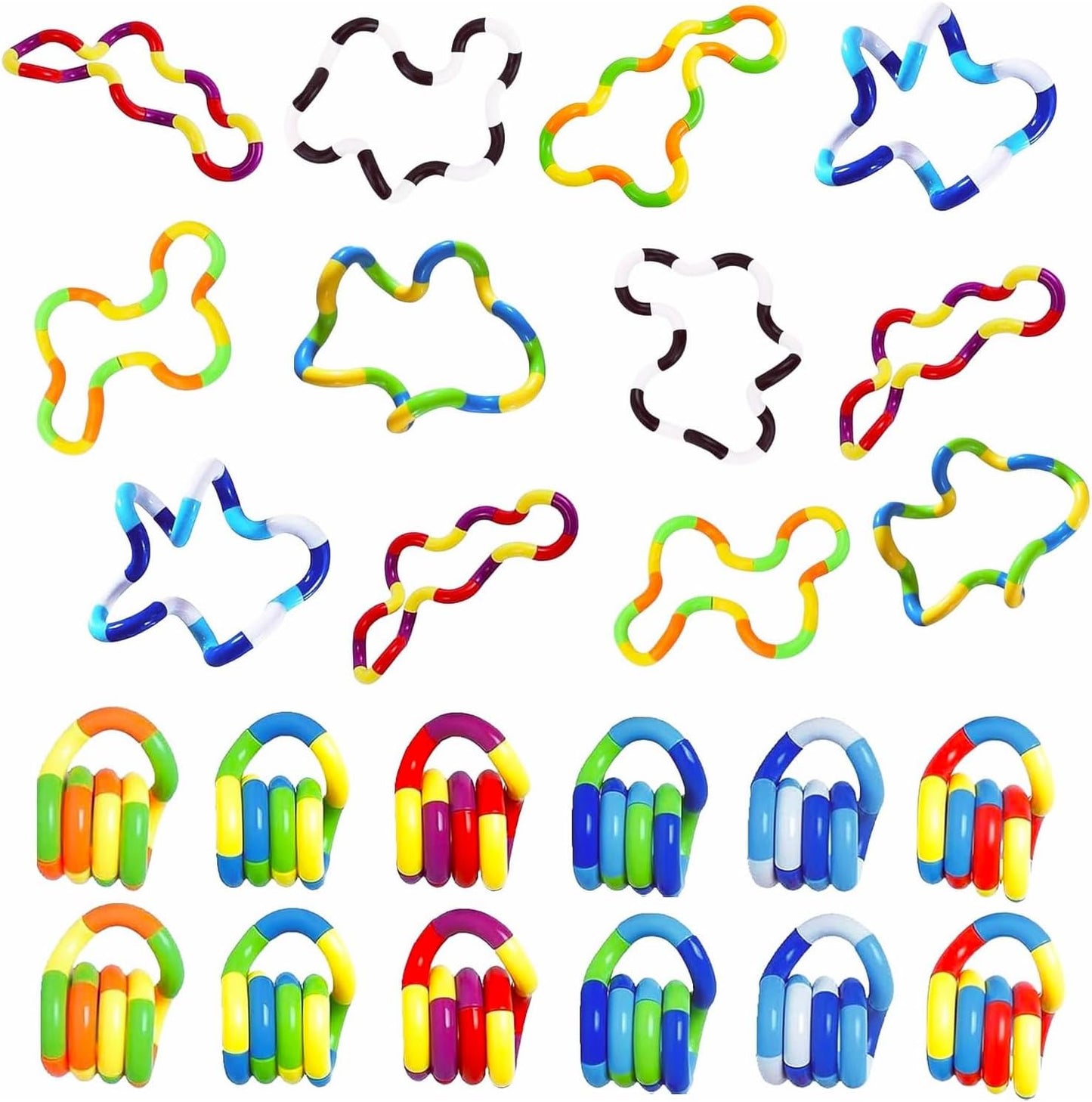 ZZSFBDZSW 24 piece quiet twisty fidget toys front view showcasing multicolored sensory chains.