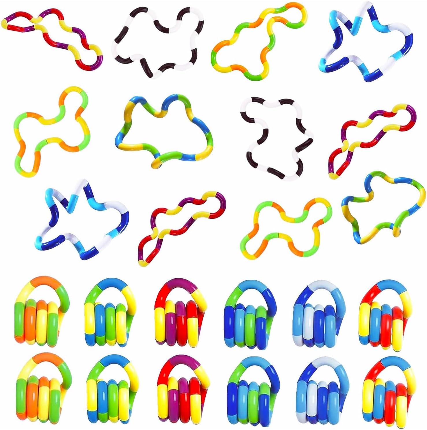 ZZSFBDZSW 24 piece quiet twisty fidget toys front view showcasing multicolored sensory chains.