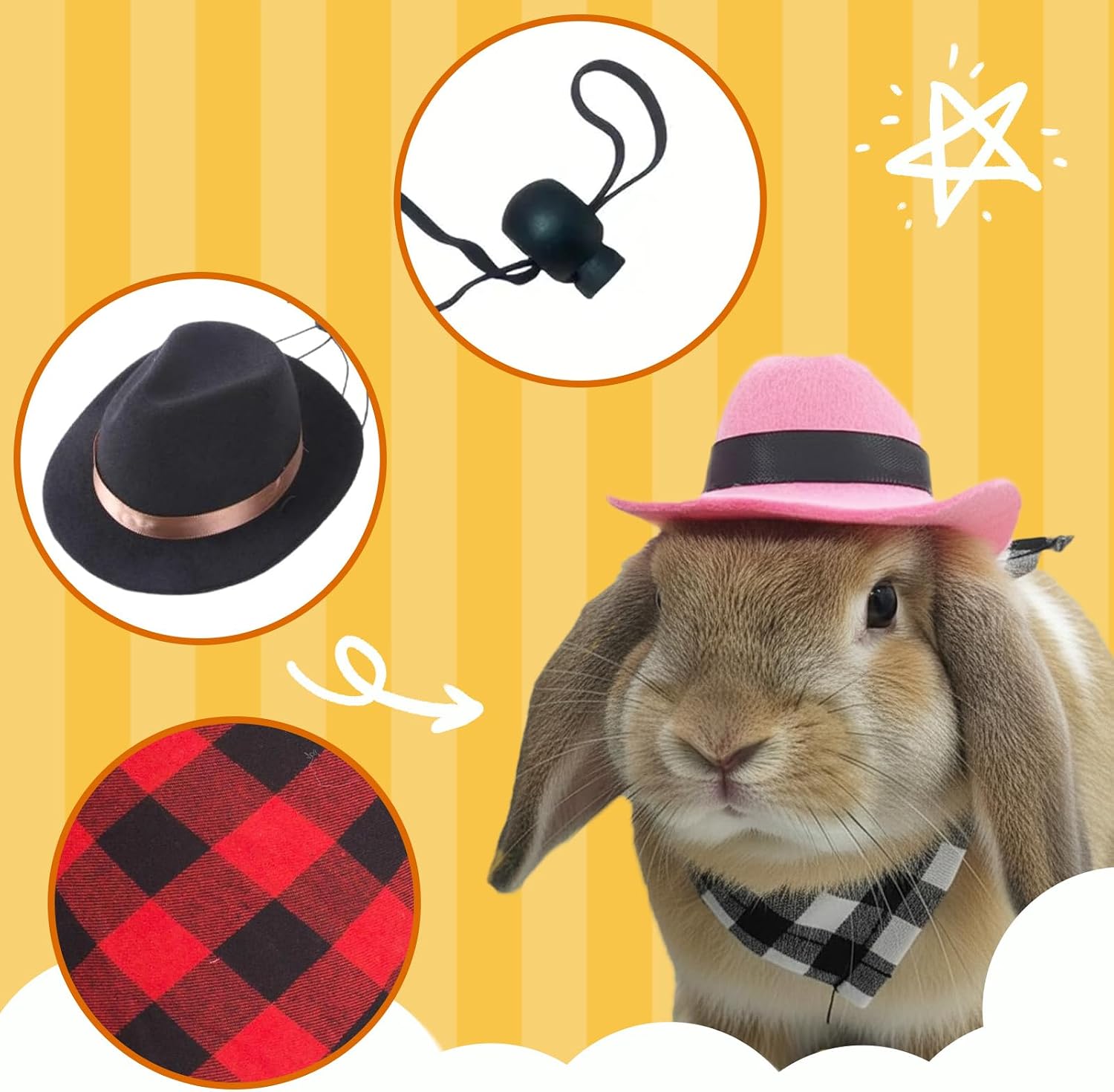 Small animal western outfit featuring black felt hat and red checkered scarf