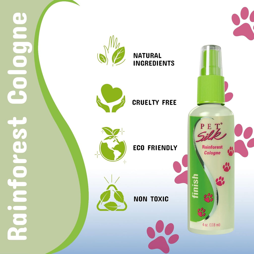 Pet Silk Rainforest body perfume back label with instructions for dogs and cats.