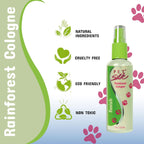 Pet Silk Rainforest body perfume back label with instructions for dogs and cats.
