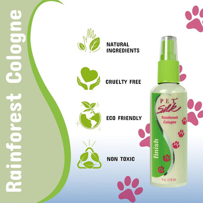 Pet Silk Rainforest body perfume back label with instructions for dogs and cats.