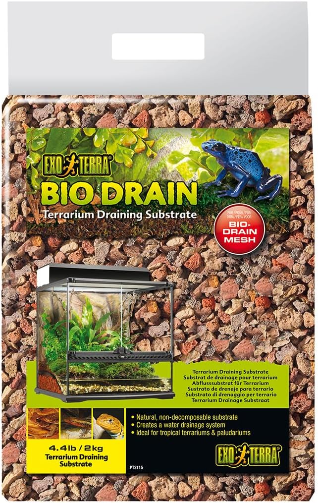 Exo Terra BioDrain Terrarium Substrate front view of the 4.4-Pound packaging showing natural volcanic draining material.