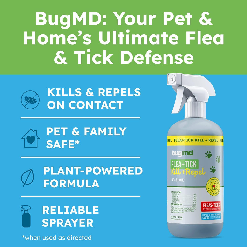 BugMD essential oil pet safe flea killer bottle with spray nozzle