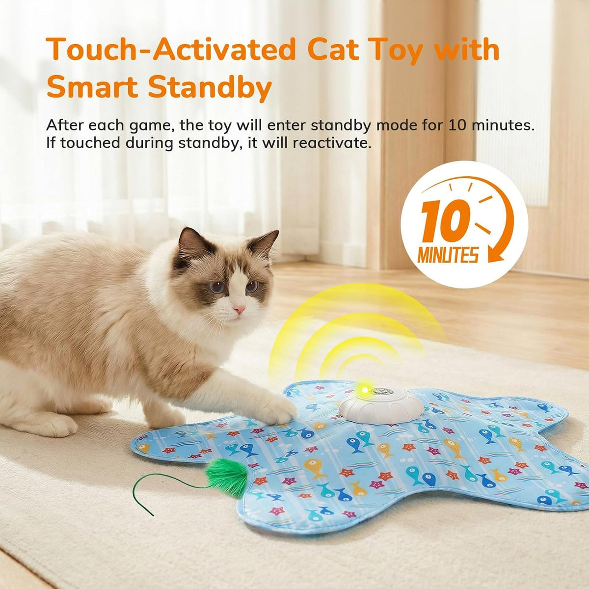 Automatic hide and seek cat toy play mat with concealed moving feather wand.