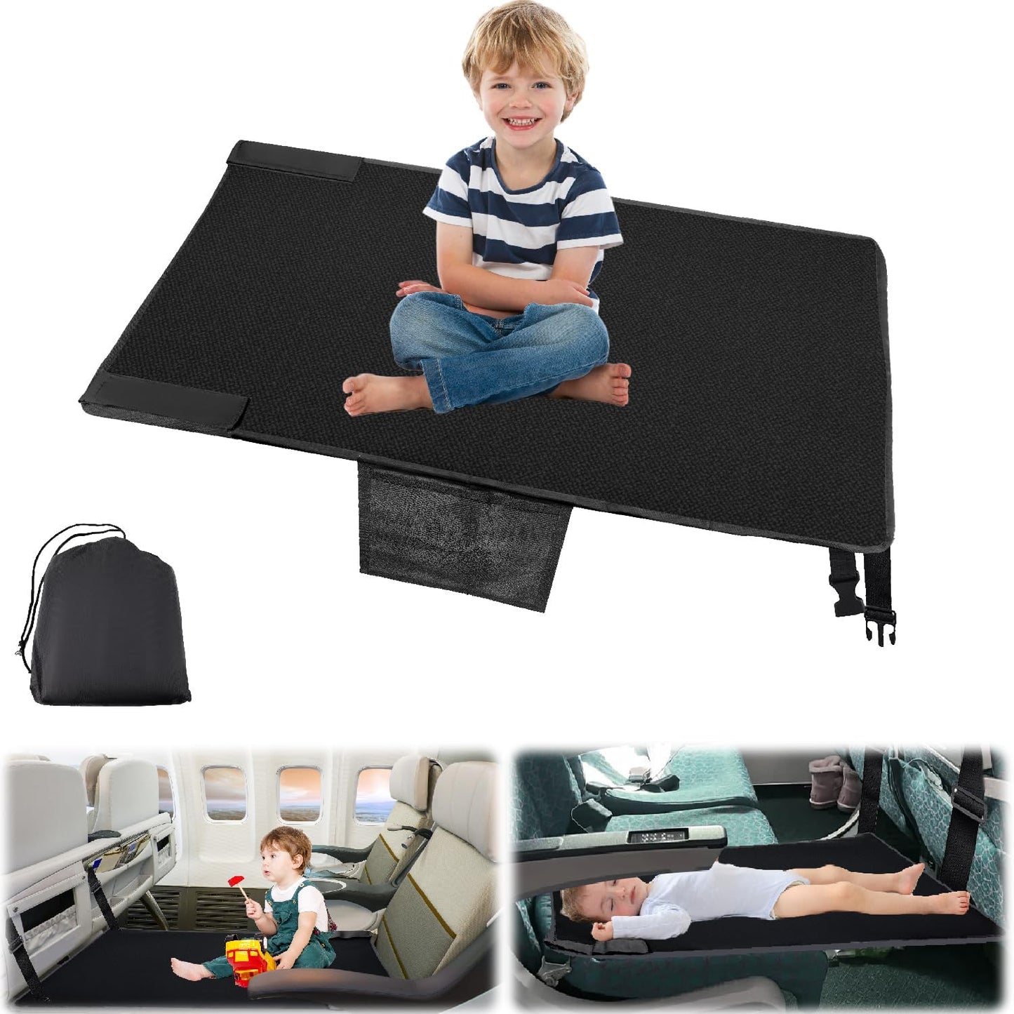 SEILETOO airplane footrest for kids front view installed on a plane seat