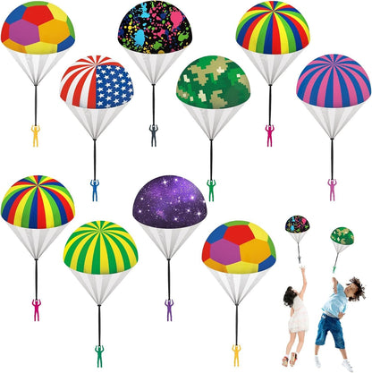 Ynybusi 10 Pack Parachute Toys front view showcasing various colorful patterns