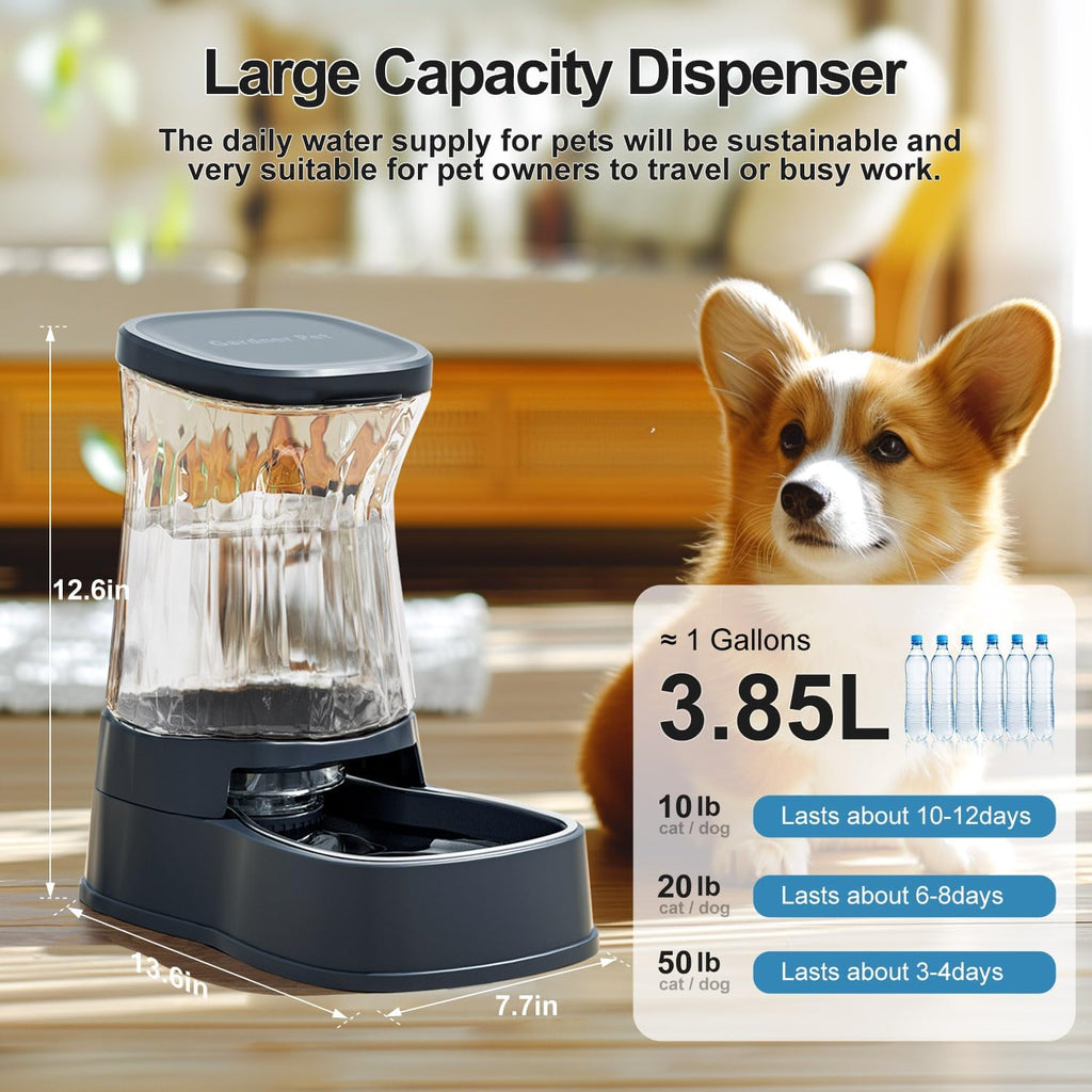 Side angle of the Gardner Pet gravity waterer highlights the transparent one gallon reservoir tank.