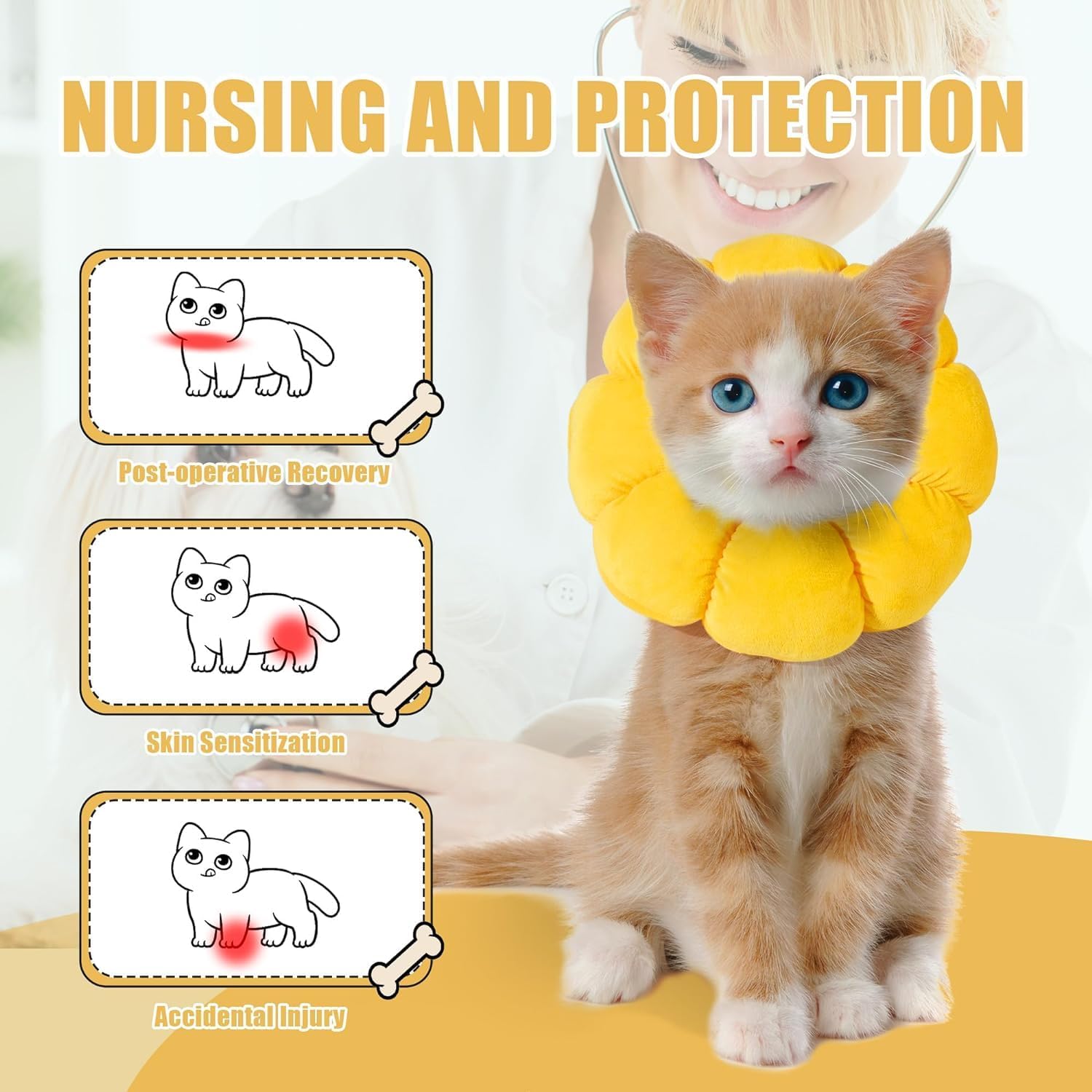 HOMBYS calming dog cone being worn by a small cat to prevent licking after surgery.