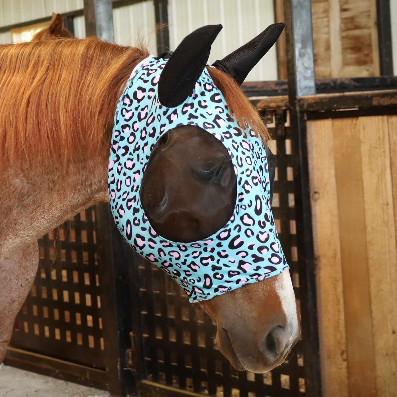 Full size horse wearing Party Cheetah fly mask in pasture