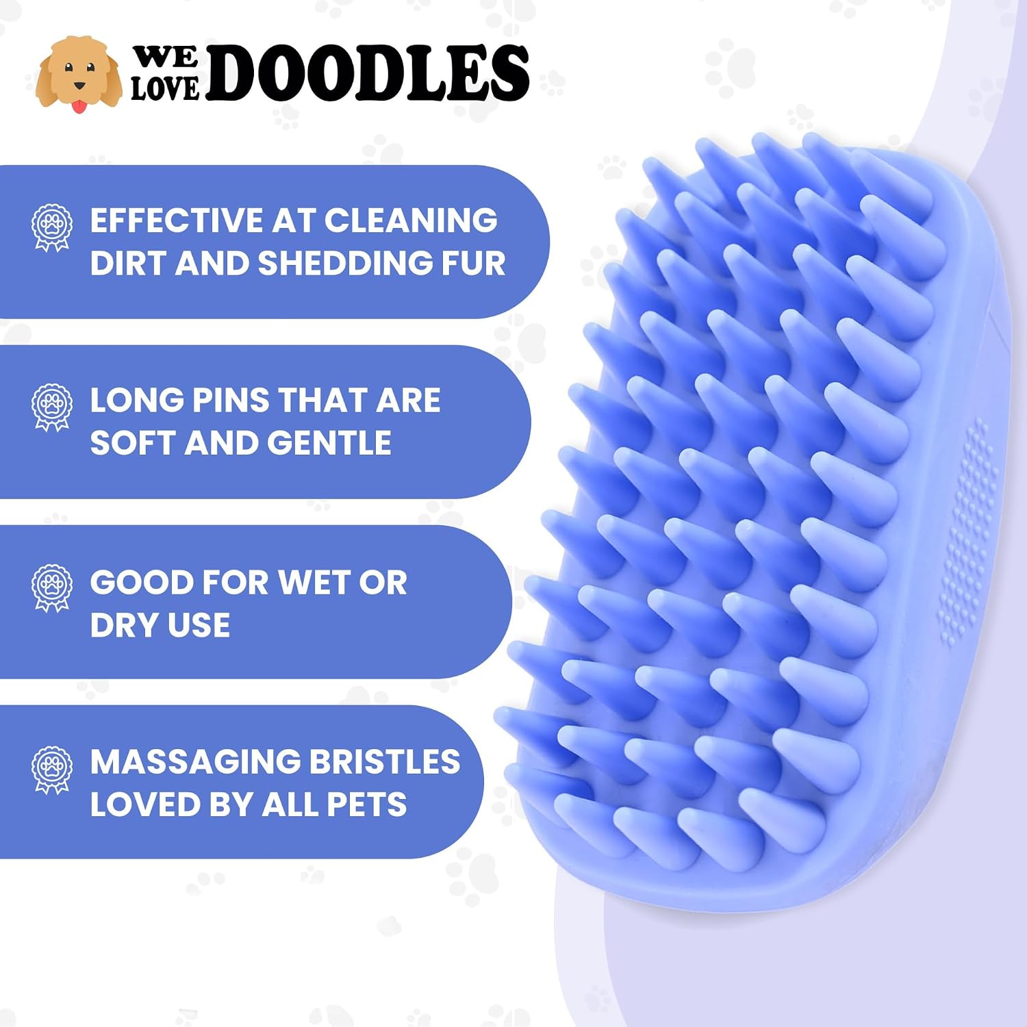 We Love Doodles pet shampoo scrubber with adjustable ring handle for secure grip