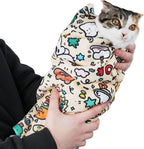 Miertou extra large cat grooming wrap front view showing elephant cat cartoon pattern print.