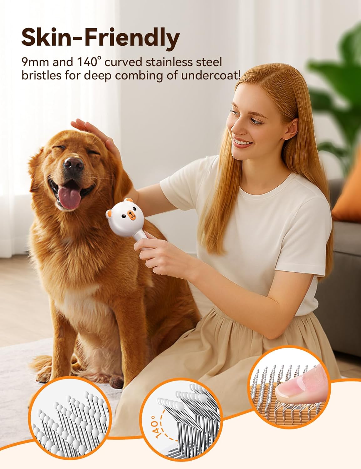 FEELNEEDY pet hair remover brush showing an indoor cat enjoying a relaxing massage.