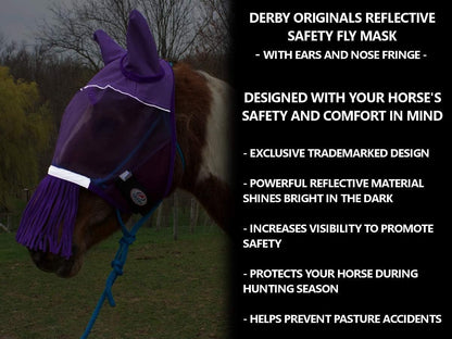 Side profile of horse wearing Derby Originals fly mask with ears