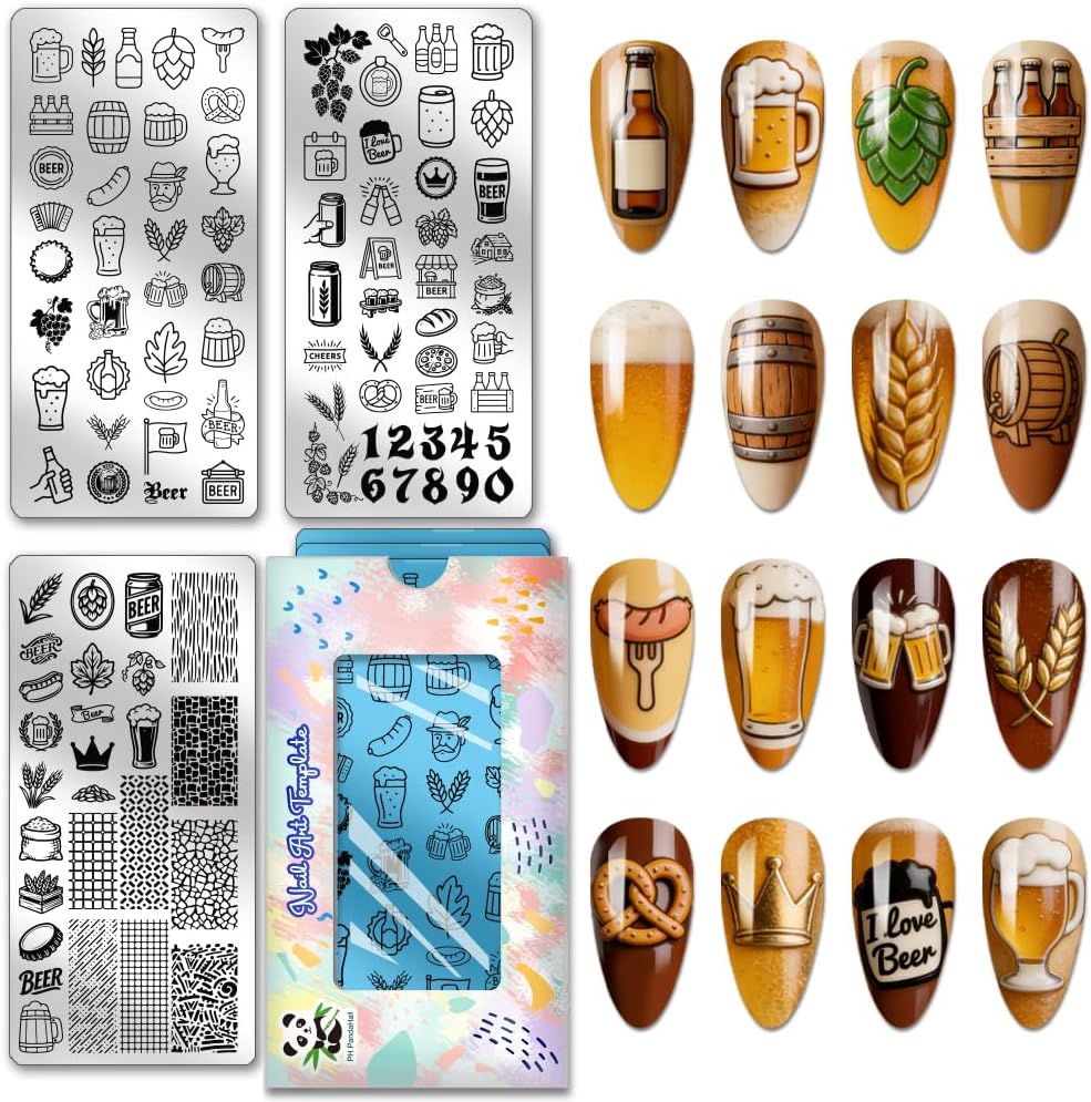 PH PandaHall beer nail stamping plates front view showing detailed Oktoberfest brewery icons.