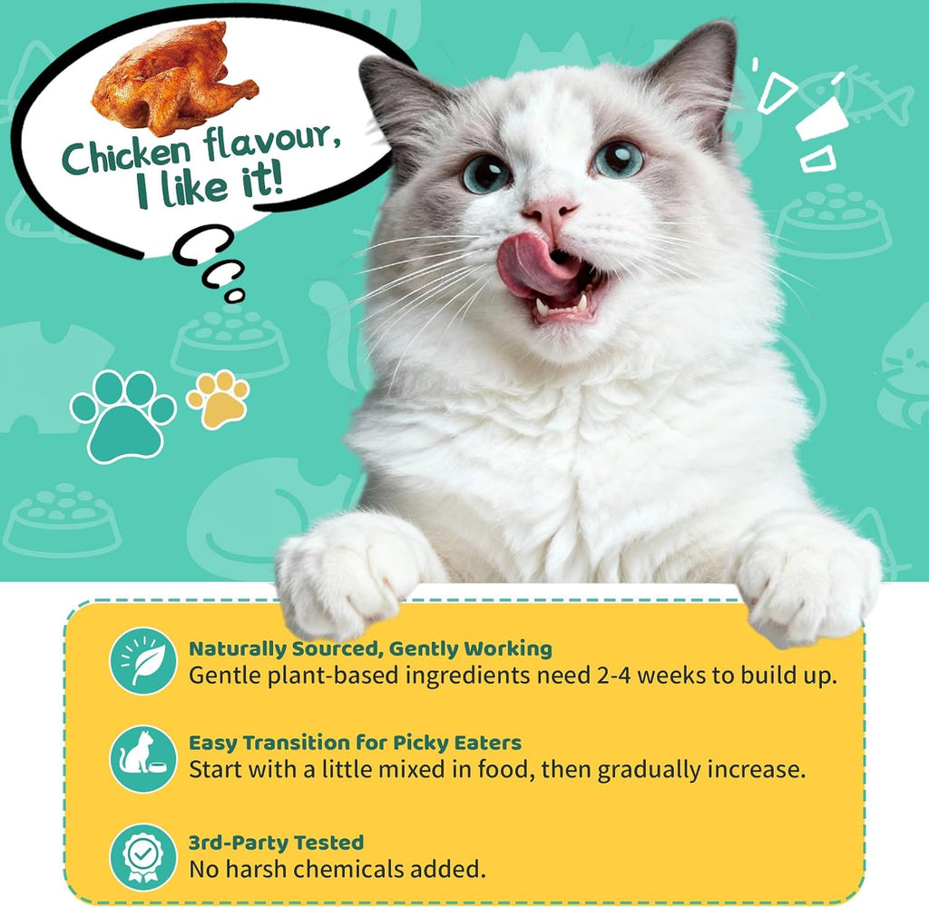 Cat allergy relief bottle showcasing chicken flavor and premium USA packaging.