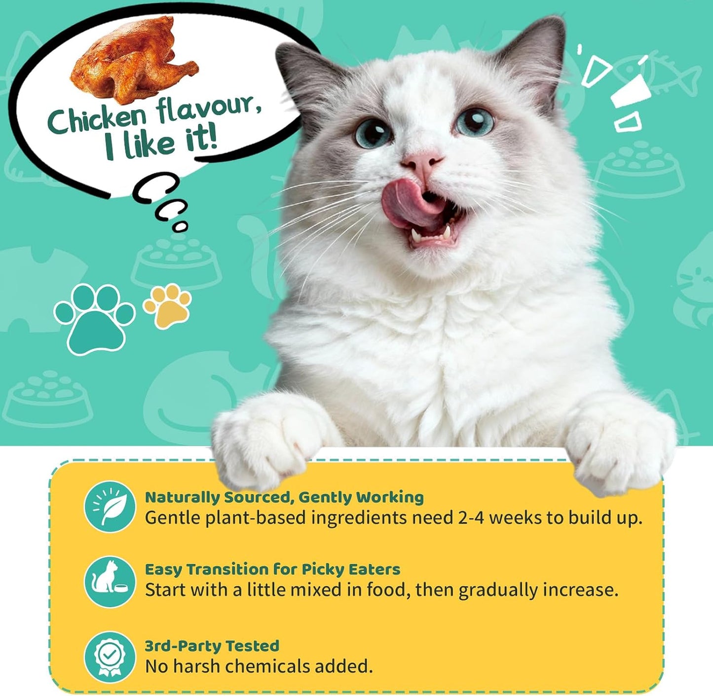 Cat allergy relief bottle showcasing chicken flavor and premium USA packaging.