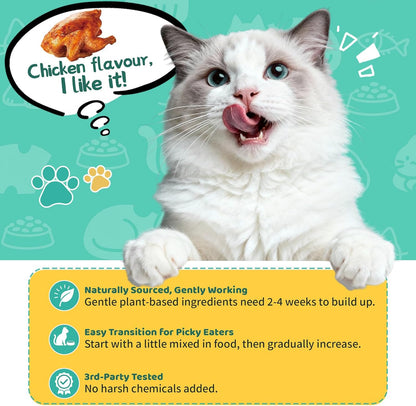 Cat allergy relief bottle showcasing chicken flavor and premium USA packaging.