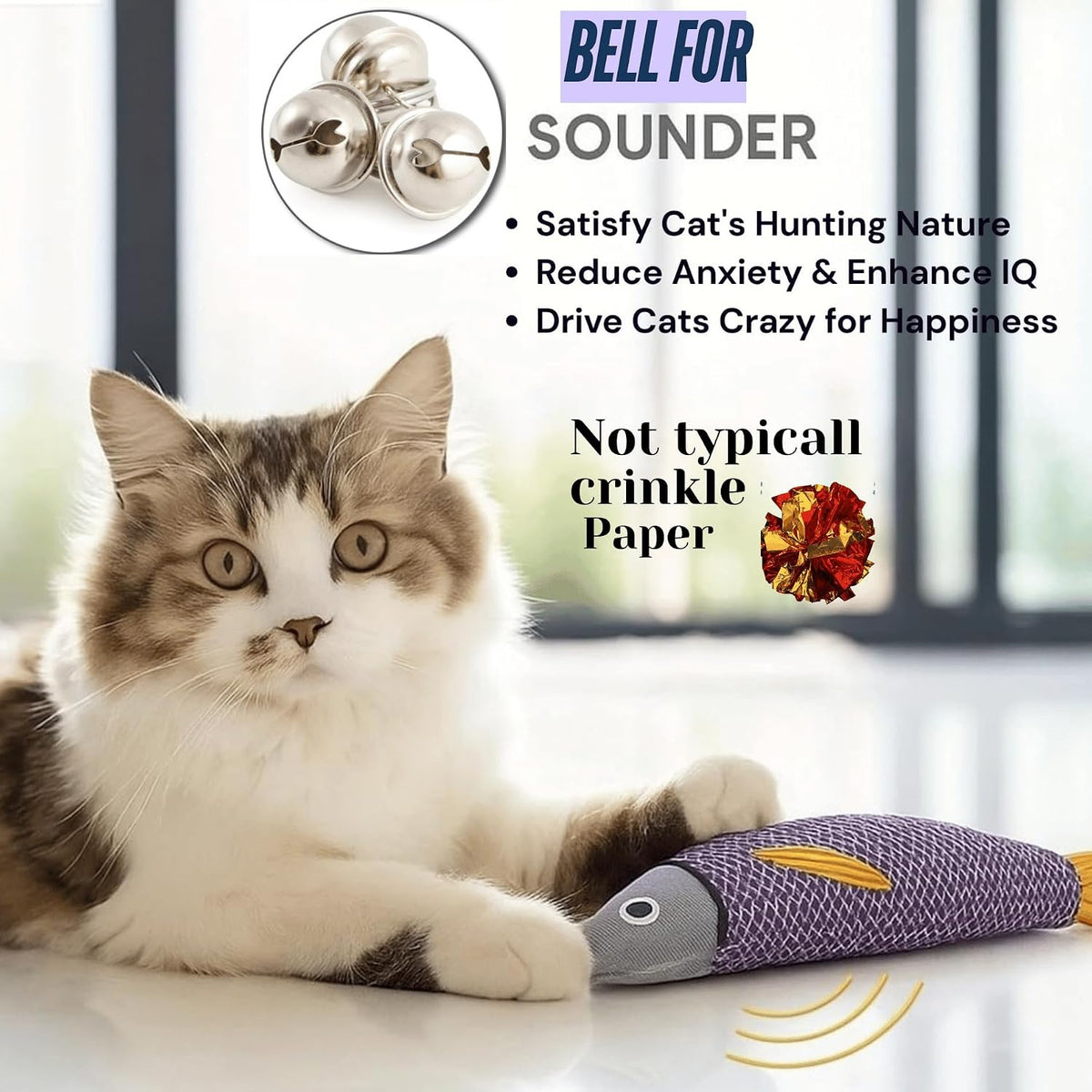 JMTSONS green plush cat fish toy with built in bell sound component.
