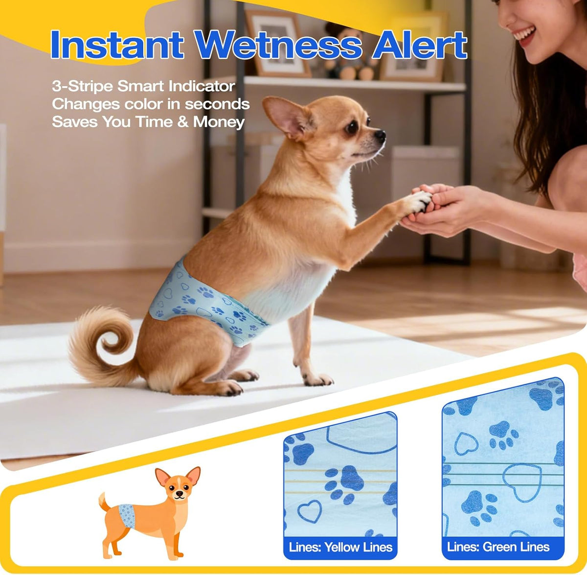 Flying Paws puppy belly bands with color changing wetness indicator strip highlighted.