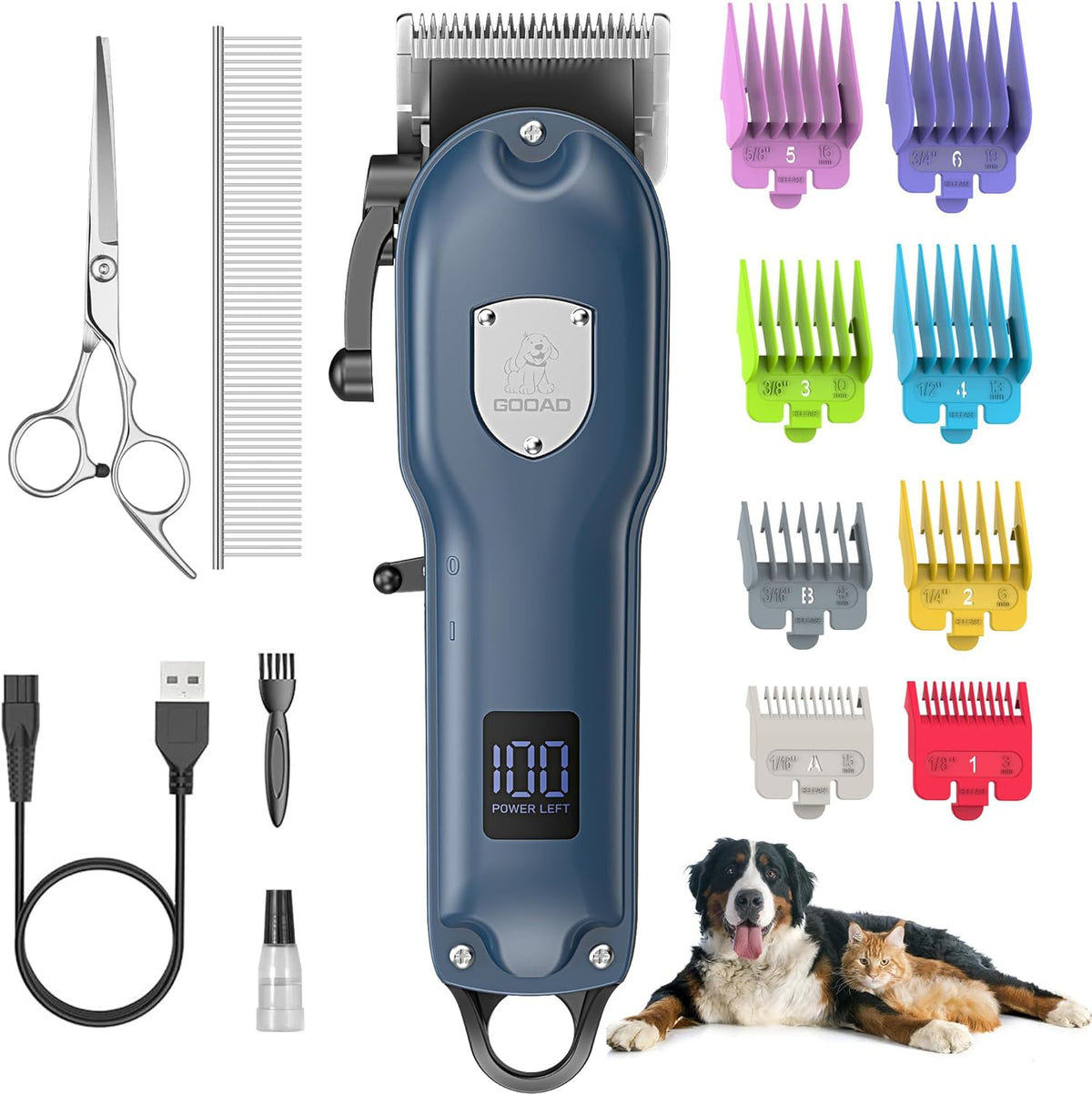 Gooad thick coat pet shaver package content laid out flat on a table.