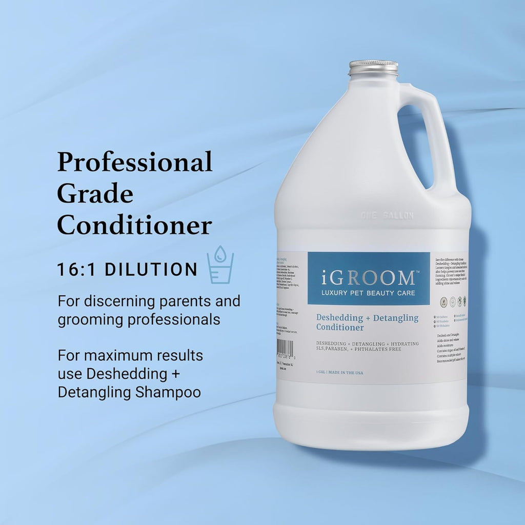 Back label of iGroom deshedding and detangling pet conditioner showing dilution instructions