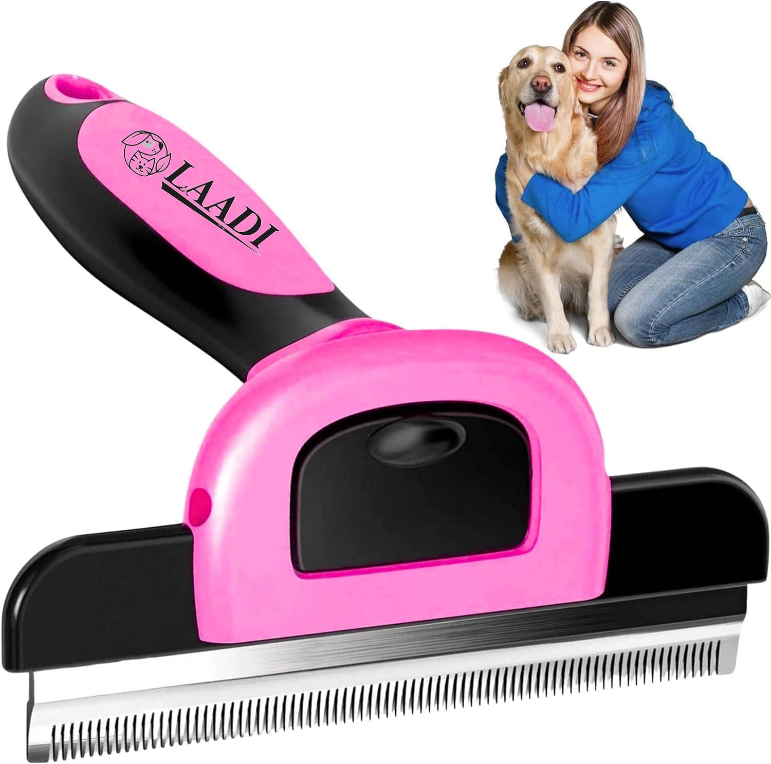 LAADI pet deshedding tool pink brush front view for professional dog and cat grooming