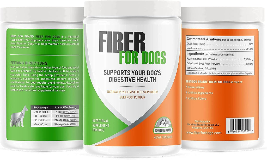 12 ounce container of Bern Dog Brand fiber for dogs digestive supplement