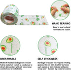 Pet owner applying colorful fruit print bandage to dog paw