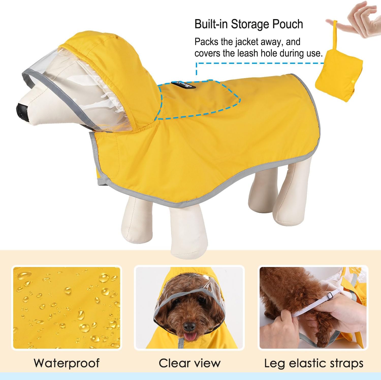 Yellow pet rain poncho with reflective trim for night safety