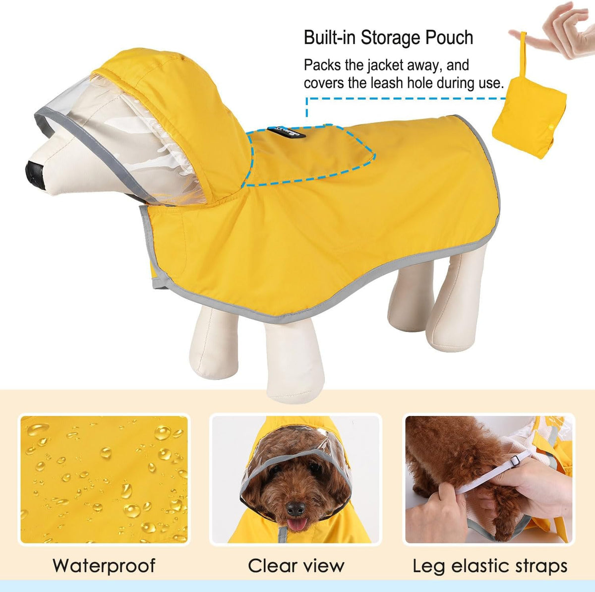 Yellow pet rain poncho with reflective trim for night safety