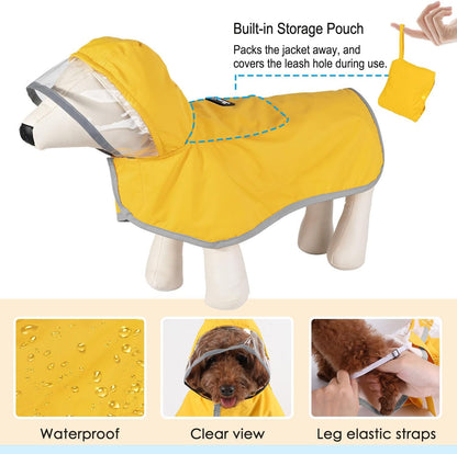 Yellow pet rain poncho with reflective trim for night safety