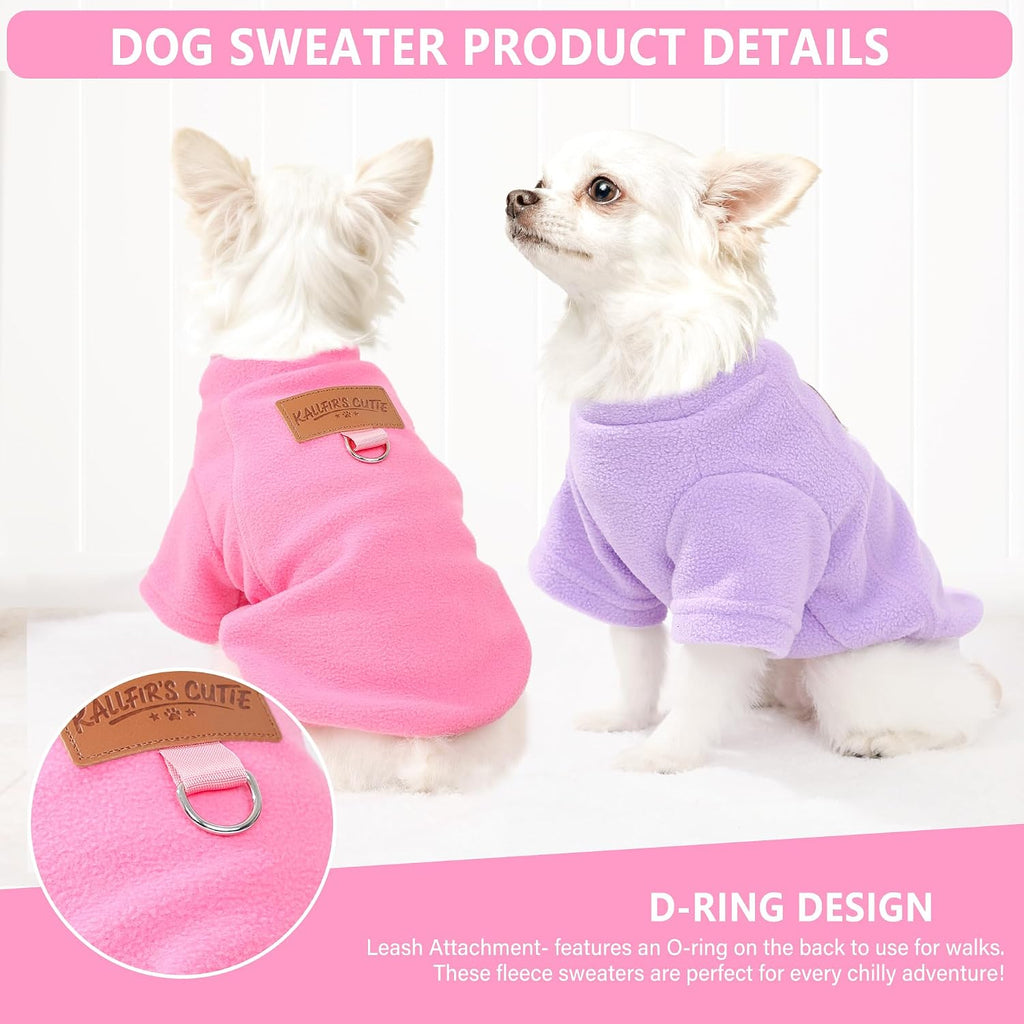 Close-up of the durable metal D-ring attachment on a purple puppy sweater outfit