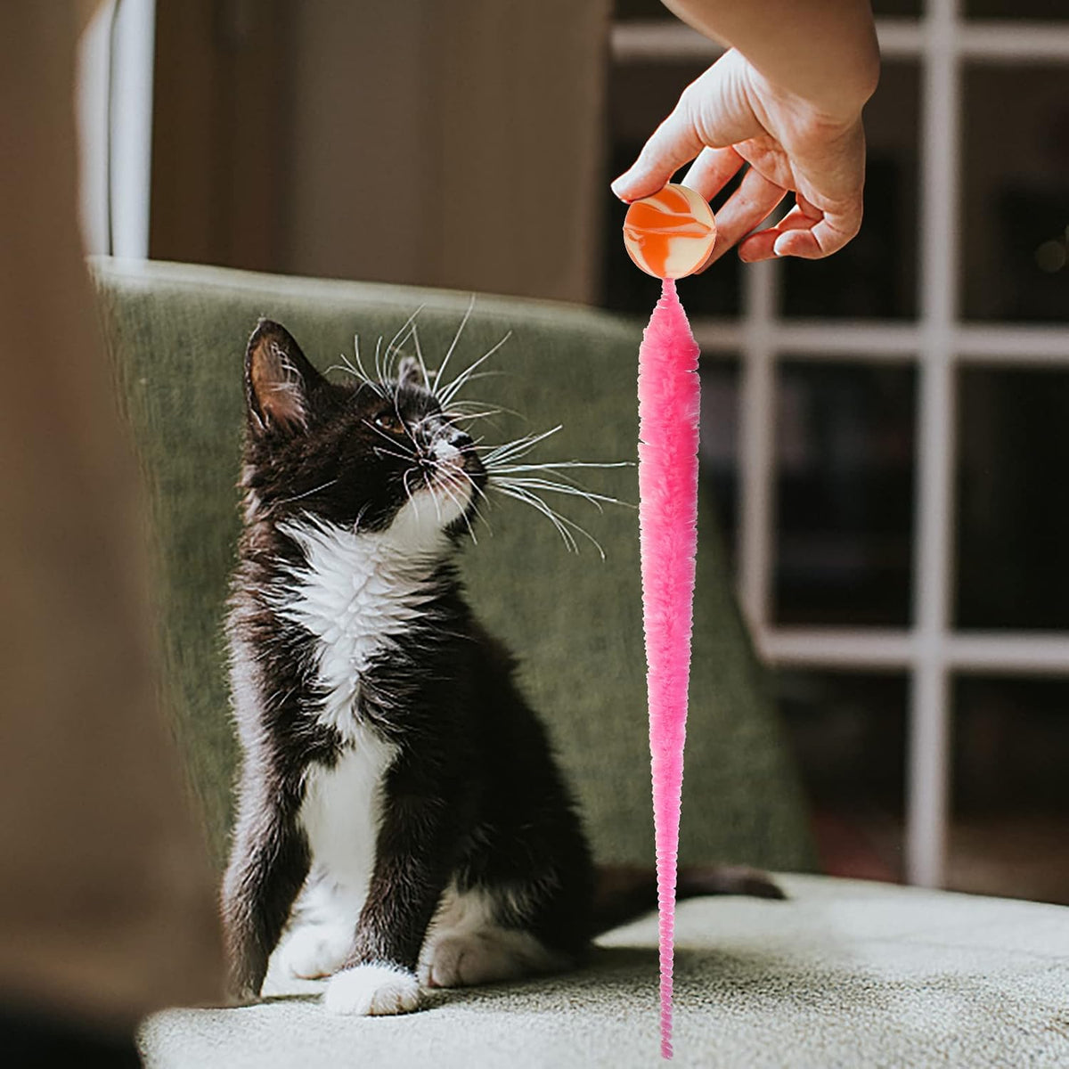Different angles of the lightweight SHENGSEN polyester cat toy showing durable stitching and bright colors.