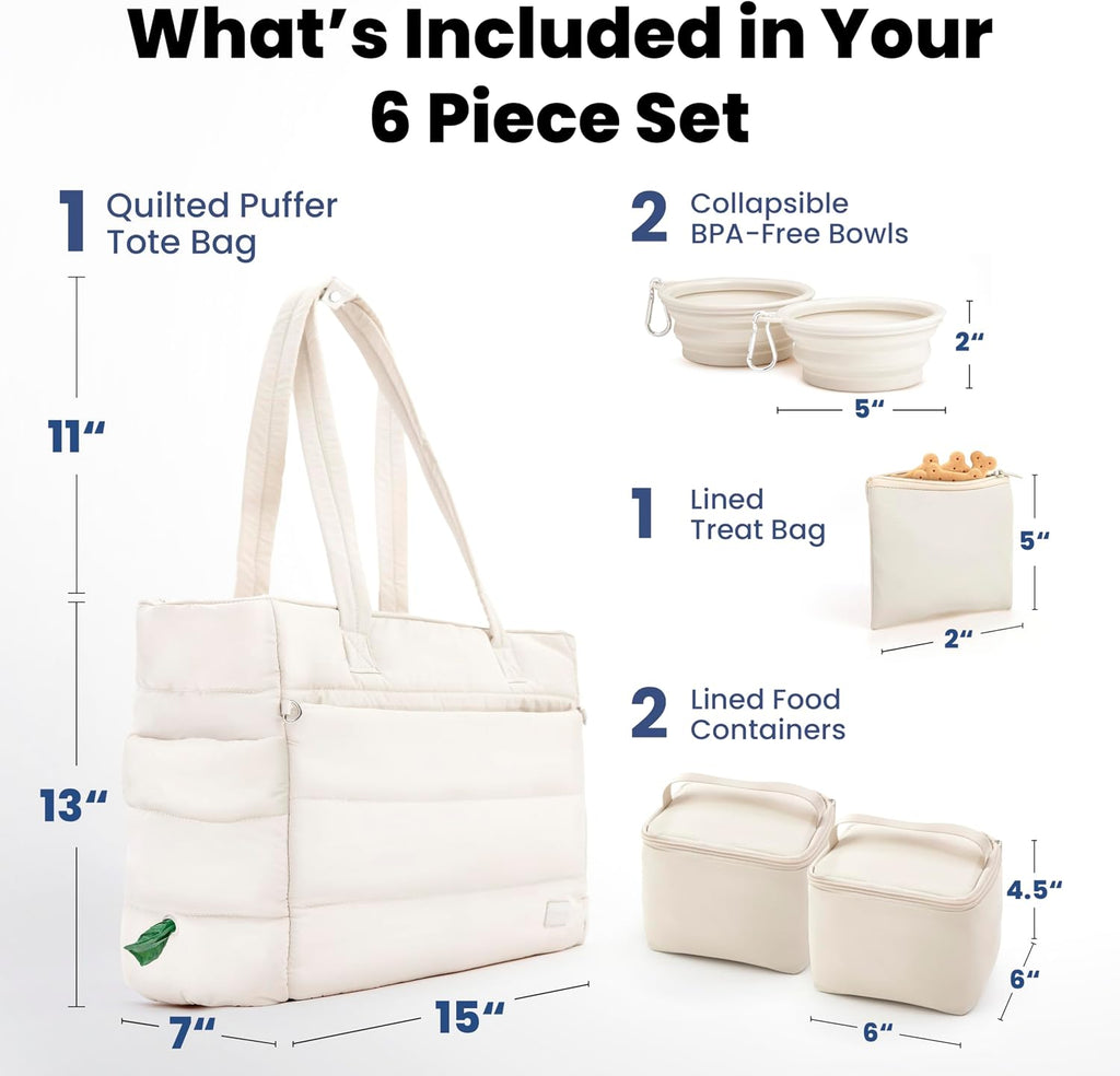 Rubyloo puffy travel tote bag with included collapsible pet bowls and food containers