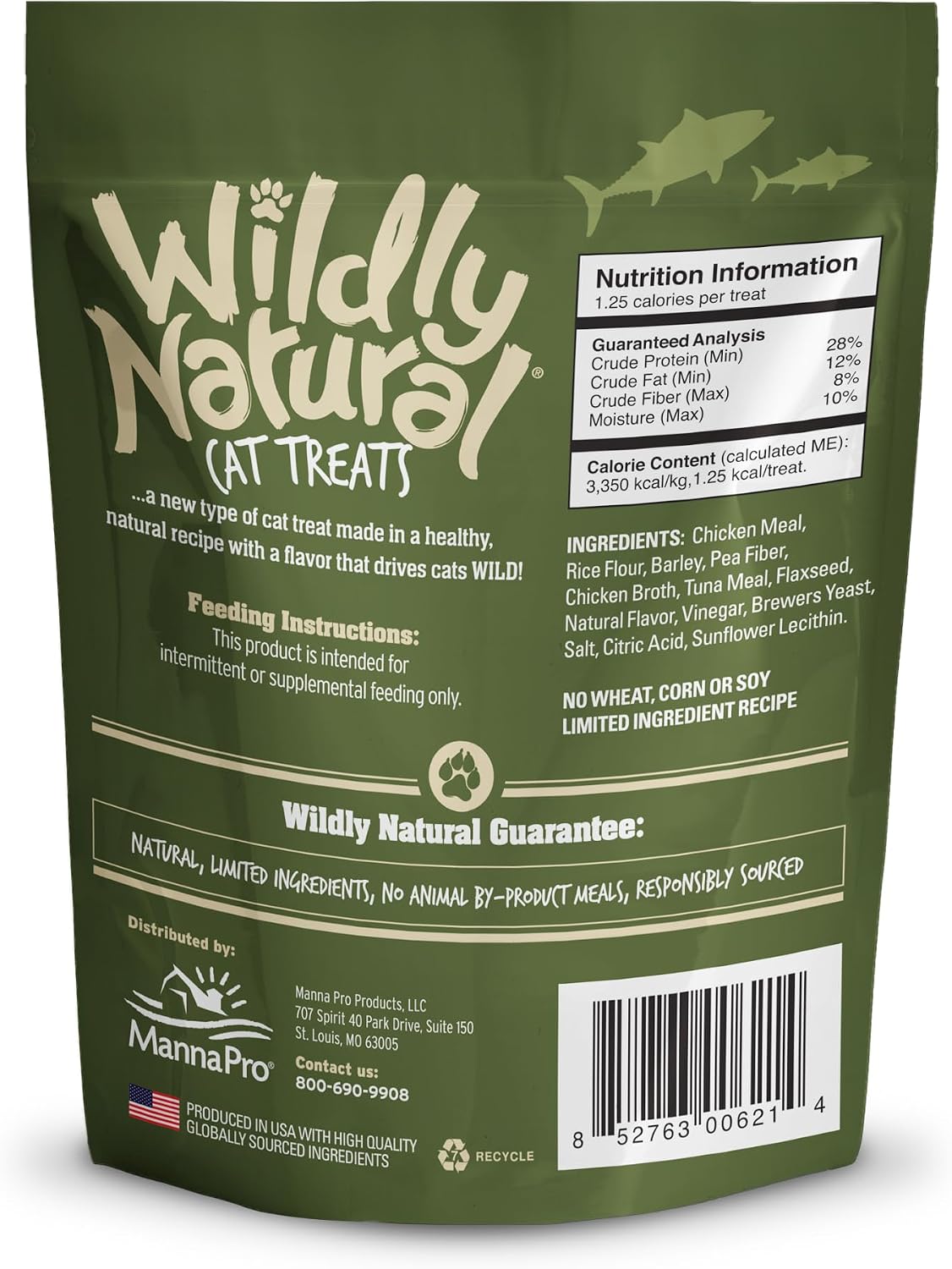 Wildly Natural premium low calorie cat treats in authentic USA packaging.