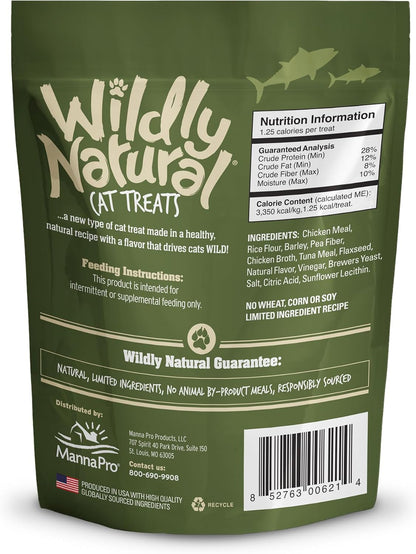 Wildly Natural premium low calorie cat treats in authentic USA packaging.