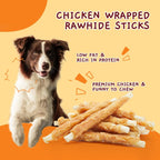 Hand holding one Jungle Calling chicken wrapped rawhide chew stick