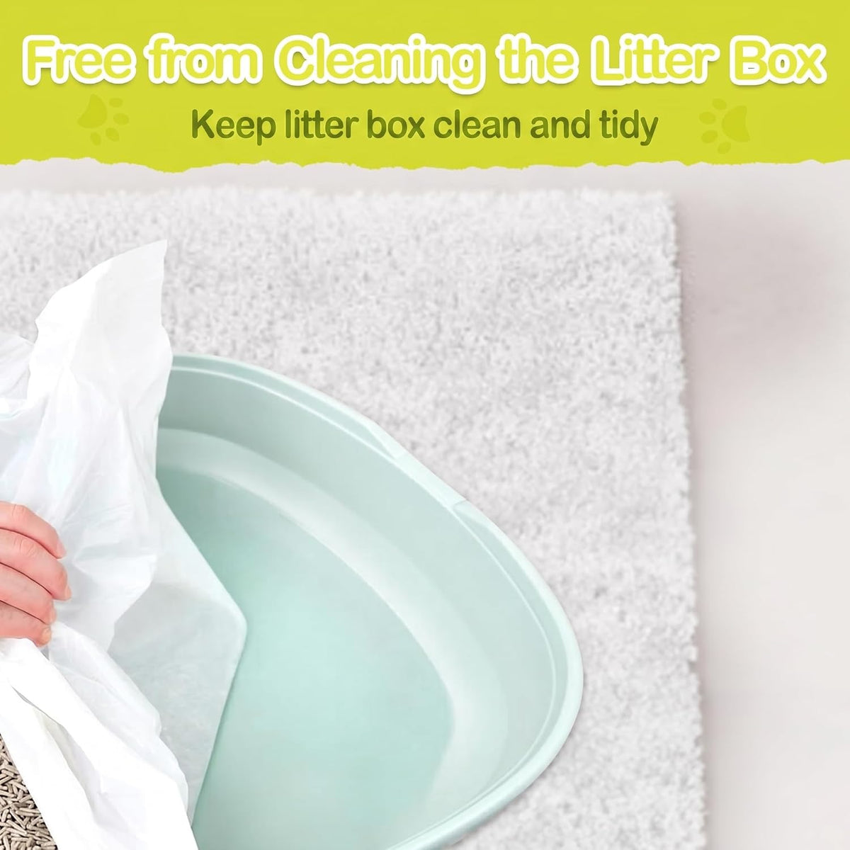 Waterproof scratch resistant plastic litter box liner being opened for use