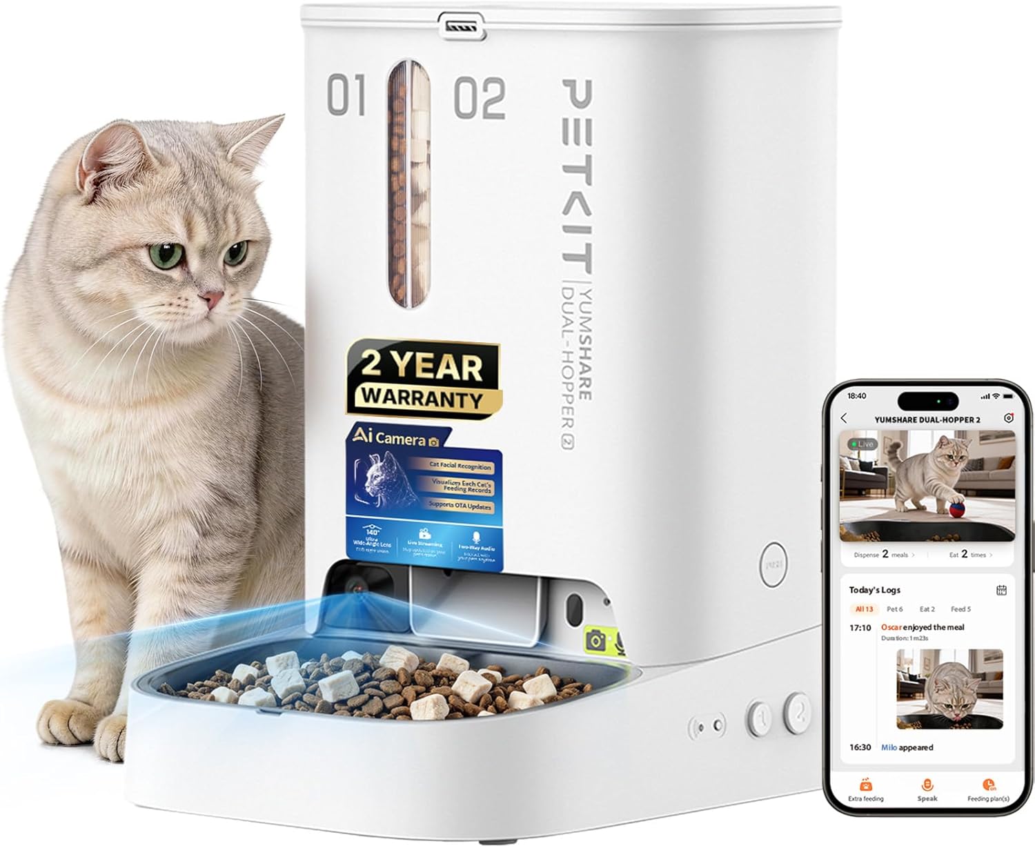 PETKIT YumShare Dual Hopper automatic cat feeder with camera front view showing white finish and stainless steel bowl