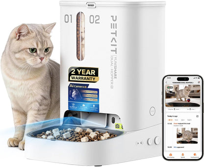 PETKIT YumShare Dual Hopper automatic cat feeder with camera front view showing white finish and stainless steel bowl